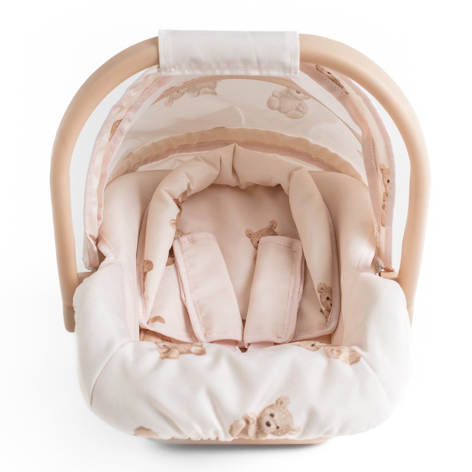 Inside the Roma Teddy Dolls Car Seat showing the padded head hugger and 3-point harness straps