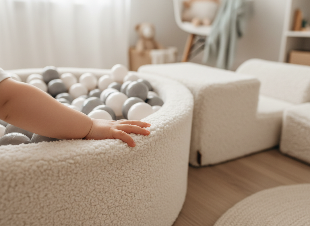 Close-up of the plush fabric and ball pit edge on the MeowBaby Soft Play Ball Pit - Bearly