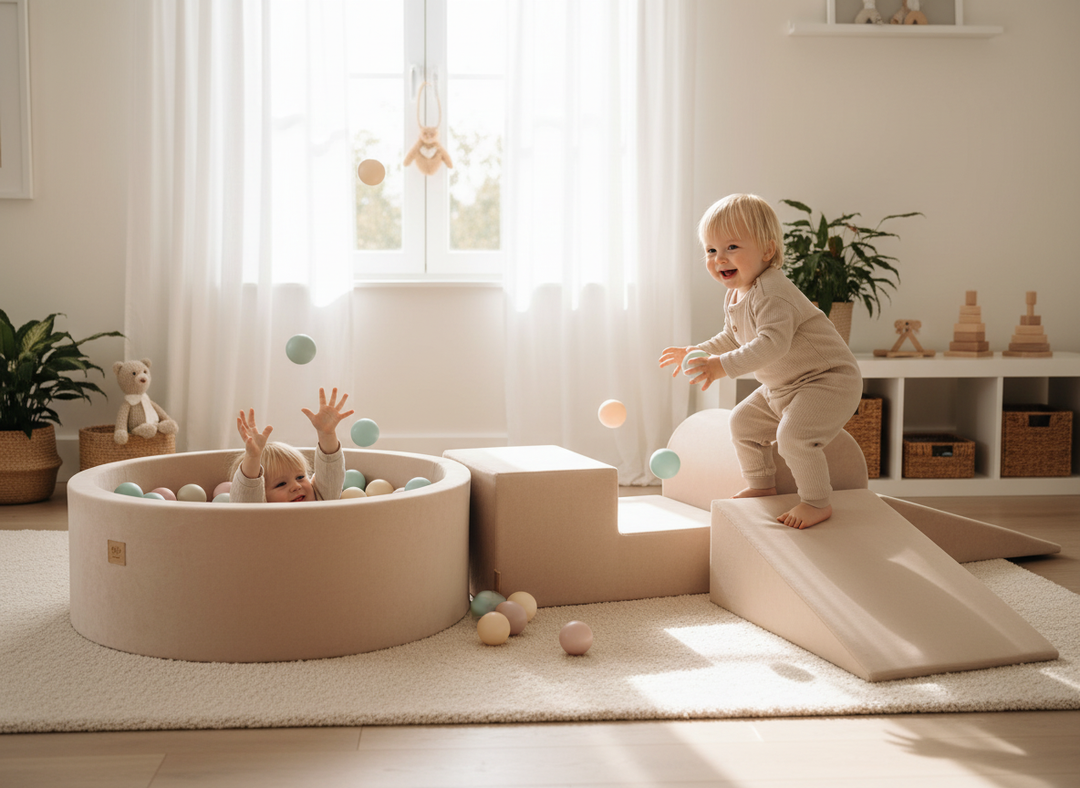 Toddler playing on the MeowBaby Soft Play Ball Pit - Velvet in a home playroom