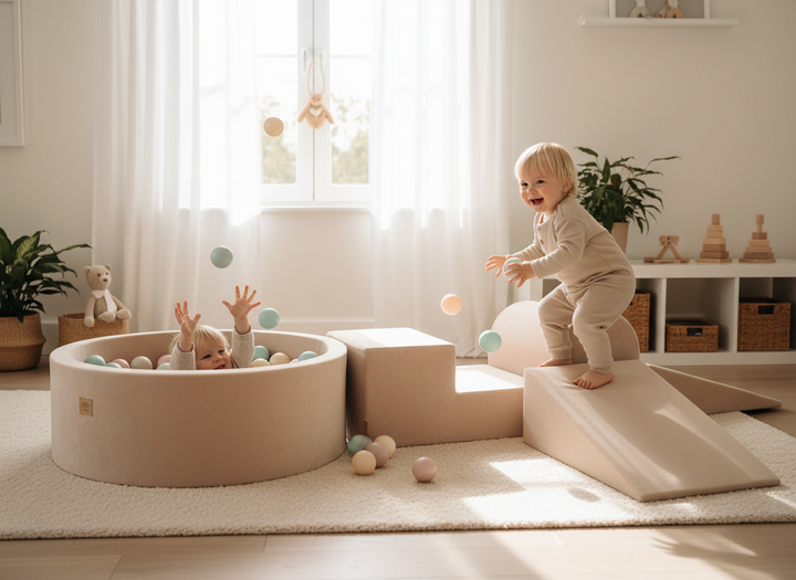 Toddler playing on the MeowBaby Soft Play Ball Pit - Velvet in a home playroom