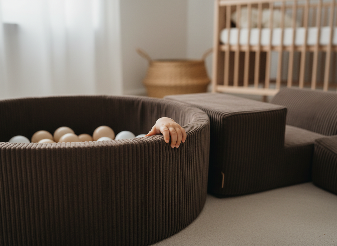 Close-up of the corduroy fabric and ball pit edge on the MeowBaby Soft Play Ball Pit - Aesthetic