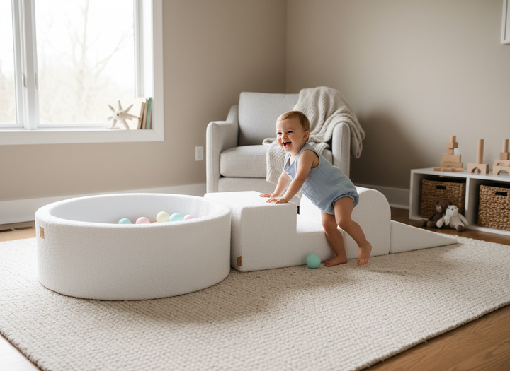 Toddler playing on the MeowBaby Playground with Ball Pit - Boucle in a home playroom