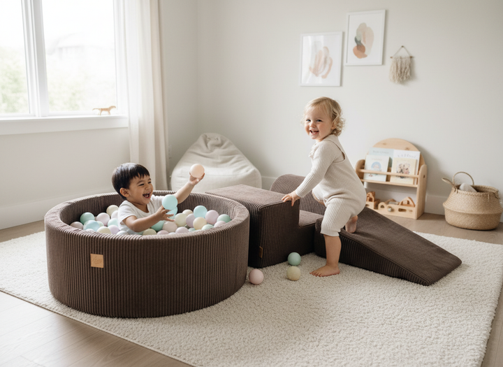 Toddler playing on the MeowBaby Soft Play Ball Pit - Aesthetic in a home playroom
