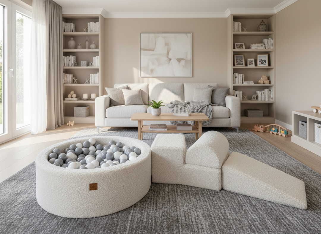 The MeowBaby Soft Play Ball Pit - Bearly modules rearranged in a family living room