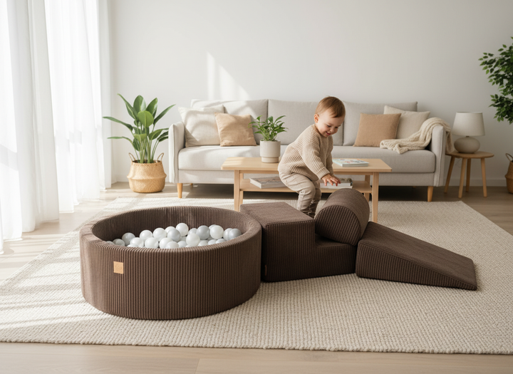 The MeowBaby Soft Play Ball Pit - Aesthetic modules rearranged in a family living room