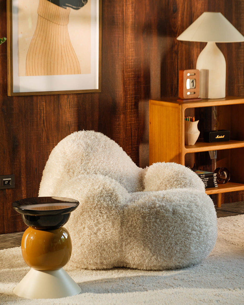 Cream Wigiwama Momo Chair styled in a neutral bedroom setting